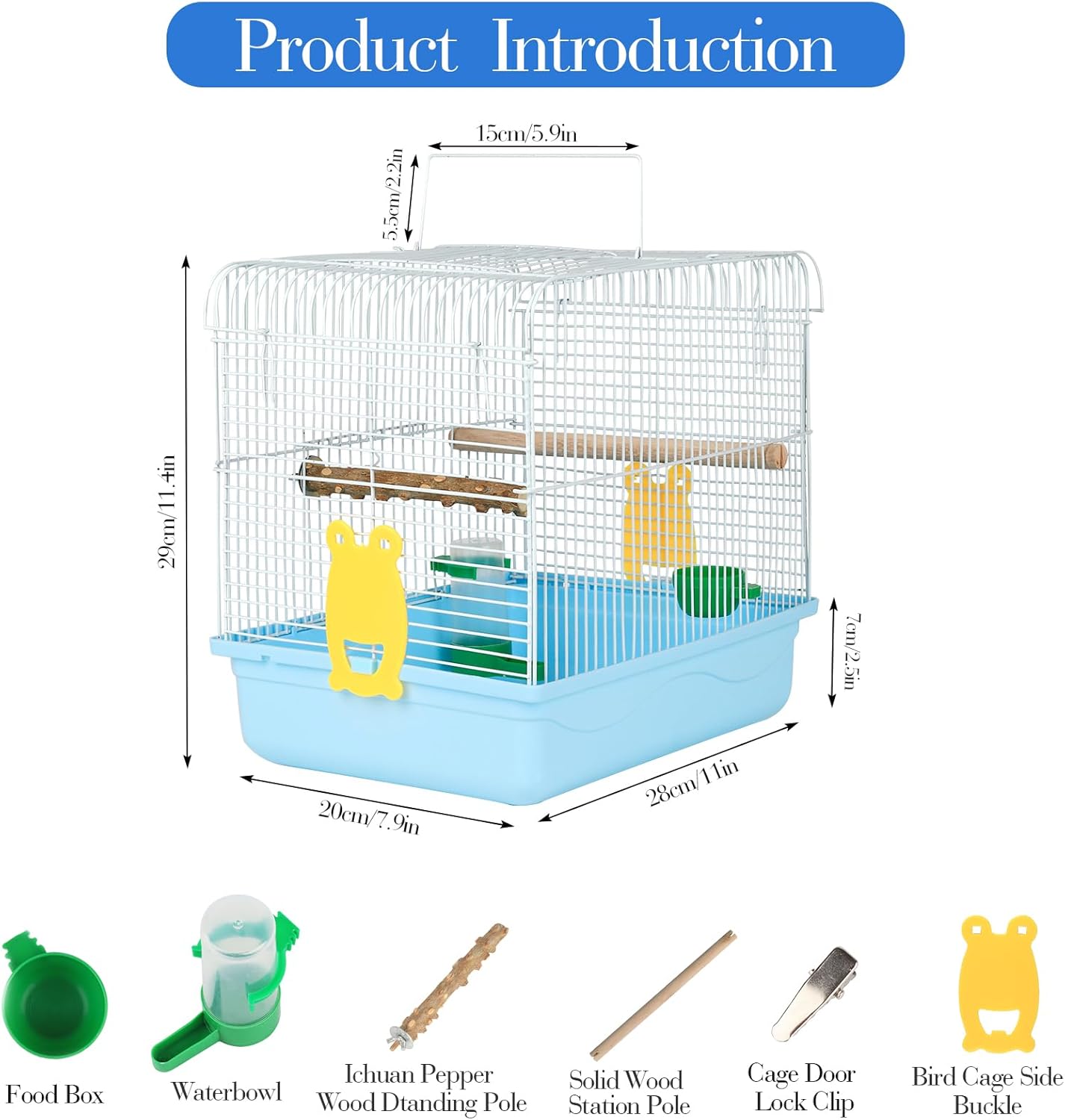 Small Bird Cage, Lightweight for Parakeets, Hanging for Parrot, Travel for Cockatiel, Outdoor Budgie, Pet Products Flat Top Economy Small Animal Cage with Stand Accessories with White Wire, Blue