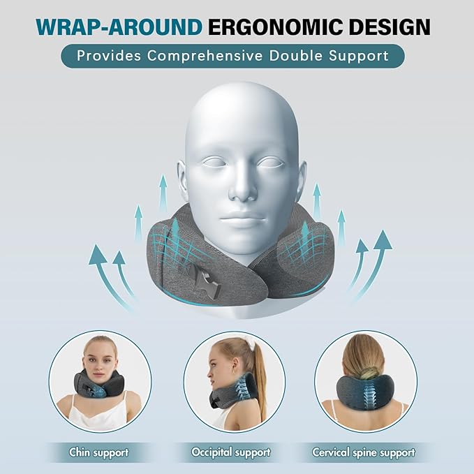 PORTHOLIC 2024 Upgraded Travel Neck Pillow with Buckle,100% Pure Memory Foam Travel Neck Pillow for Airplane Travel Flight Headrest Sleep, Portable Plane Accessories(Dark Grey)