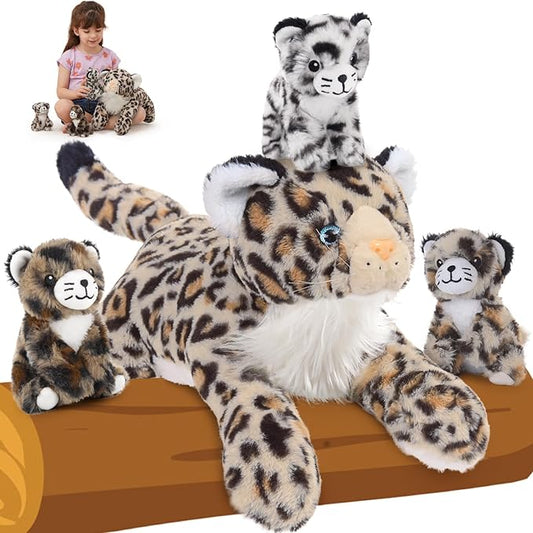 MorisMos Cheetah Stuffed Animal with Babies for Girl Kid,18'' Large Mommy Cheetah with Cub Plushies,Mama and Baby Leopard Stuffed Animal Plush Toys,Realistic Leopard Toy Gifts for Birthday Party Decor