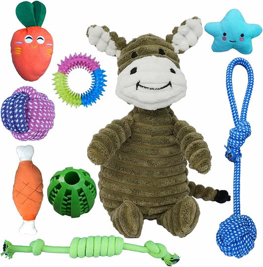 9 Pack Dog Toys for Teething, Entertainment, Puppy Chew Toys Pack with Cute Donkey Squeaky Toys, Treat Ball，Durable Ropes Chew Toys