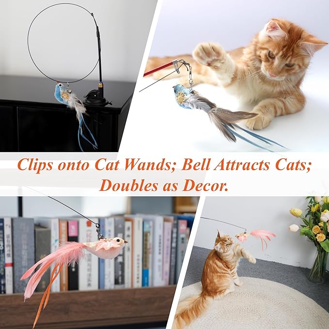 6 PCS Realistic Bird Cat Wand Attachment Toys–Handcrafted Feather Toys for Interactive Indoor Play–Engaging Cat Accessories Ideal for Wands Toy Refill & Home Décor
