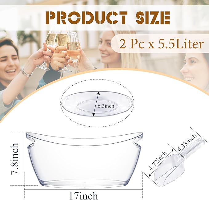 Ice Buckets for Parties, 2 PCS Acrylic Champagne Beverage with 2 Ice Bucket Scoop, Drinks Buckets Tub for Cocktail Bar, Long and Narrow 5.5 Liter Bucket for Party(5.5L) (Clear)