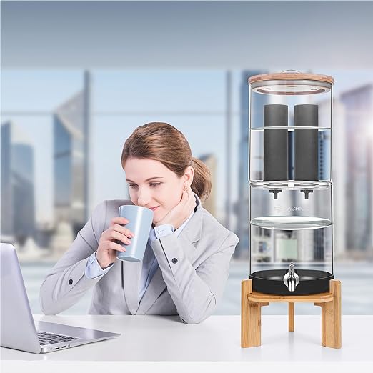 All Glass Water Purifier, Off Grid Home Emergency Water Filtration System - Gravity Fed Black Carbon Filter - 2.25 Gallon Water Filter- with 7 Inch Stand