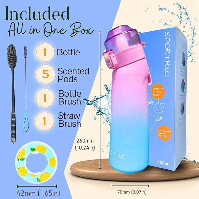 Air Water Bottle 650ml – Water Bottle With 5 Scented Pods, 0% Sugar BPA Free Cup with Bottle & Straw Brushes | Suitable for Outdoor | Sports | Gift Idea (New Gradient Pink/Blue + 5 Pods)