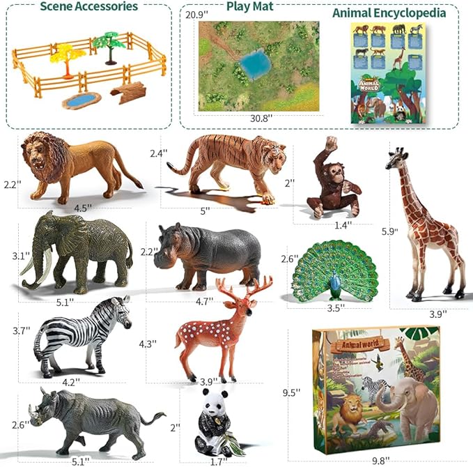 Realistic Animal Toys for Kids 3-5-7 Toddlers, 25pcs Safari Animals Figures Playset, Wild Zoo Animal Figurines Plastic Toy Set for Boys and Girls Gifts with Play Mat