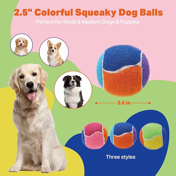 AMA SPORT Squeaky Balls for Dogs 2.5" Small Medium Dog Tennis Balls for Throwing and Fetching Dog Toys for Training, Exercise, High Bouncing 6 Pack Multicolor