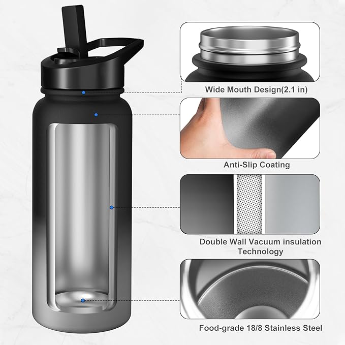 32oz Insulated Water Bottle with 3 Lids(Straw, Hand and Spout Lid), Double Vacuum Stainless Steel Metal Water Flask(BPA-free, CPC) for Sports, Camping, Hiking, Cycling, Fitness and more(Black Grey)