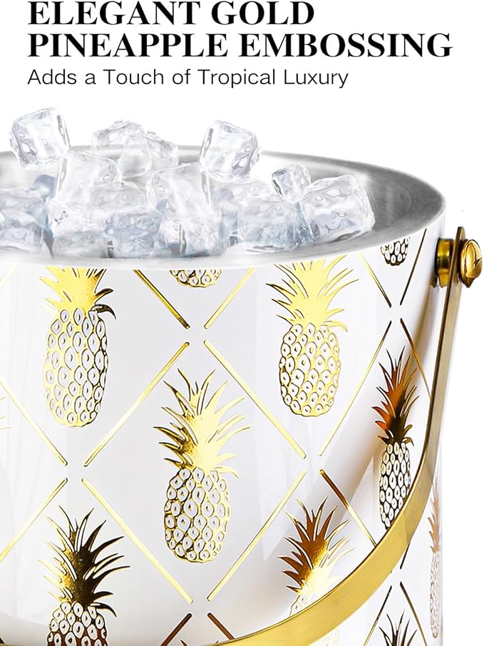 Ice Bucket for Parties with Lid, Strainer & Gold Ice Tongs, 3L Stainless Steel Insulated Champagne Buckets for Cocktail Tiki Bar, Pineapple Embossed White Ice Container Wine Drinks Chiller