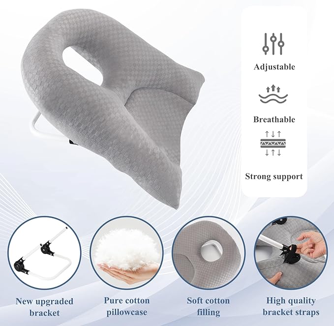 Newly Upgraded Face Down Pillow After Eye Surgery, Prone Pillow with Arm Hole for Face Down Sleeping, Retina and Vitrectomy Lying Pillow, Post Eye Surgery Recovery (Light Grey)