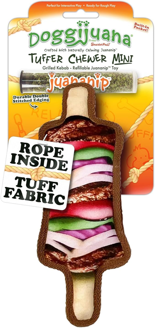 Doggijuana Tuffer Chewer Mini Plush Dog Toy | Funny Dog Toy Plush with Juananip Catnip for Dogs | Calming Aid for Dogs | Interactive Squeaky Chew Toy for Play (Kebab)