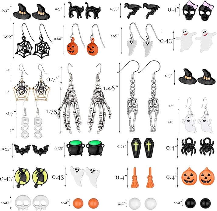 5-26Pairs Halloween Thanksgiving Fall Christmas Theme Earrings Set Holiday Earrings Halloween Stud Earrings Set Spider Pumpkin Ghost Bat Web Skull Drop Earring Holiday Jewelry Gifts