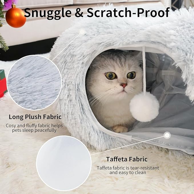 Cat Tunnels for Indoor Cats, Cat Tunnel Bed with Washable Cushion, Cat Tunnel Christmas Tree Skirt, Collapsible Donut Tunnel for Medium & Large Cat, Peekaboo Cave Toy, Gray