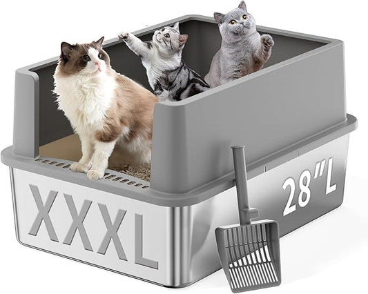 Extra Large Stainless Steel Cat Litter Box with Lid – Large Capacity for Big & Multiple Cats, Anti-Leakage, Non-Stick Surface for Easy Cleaning, Odor-Resistant, Include Scoop