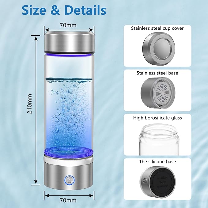Hydrogen Water Bottle, Portable Rechargeable Hydrogen Water Bottle Generator [Gifts for Him Her], Hydrogen Water Machine for Home Travel Office Exercise (Silver)