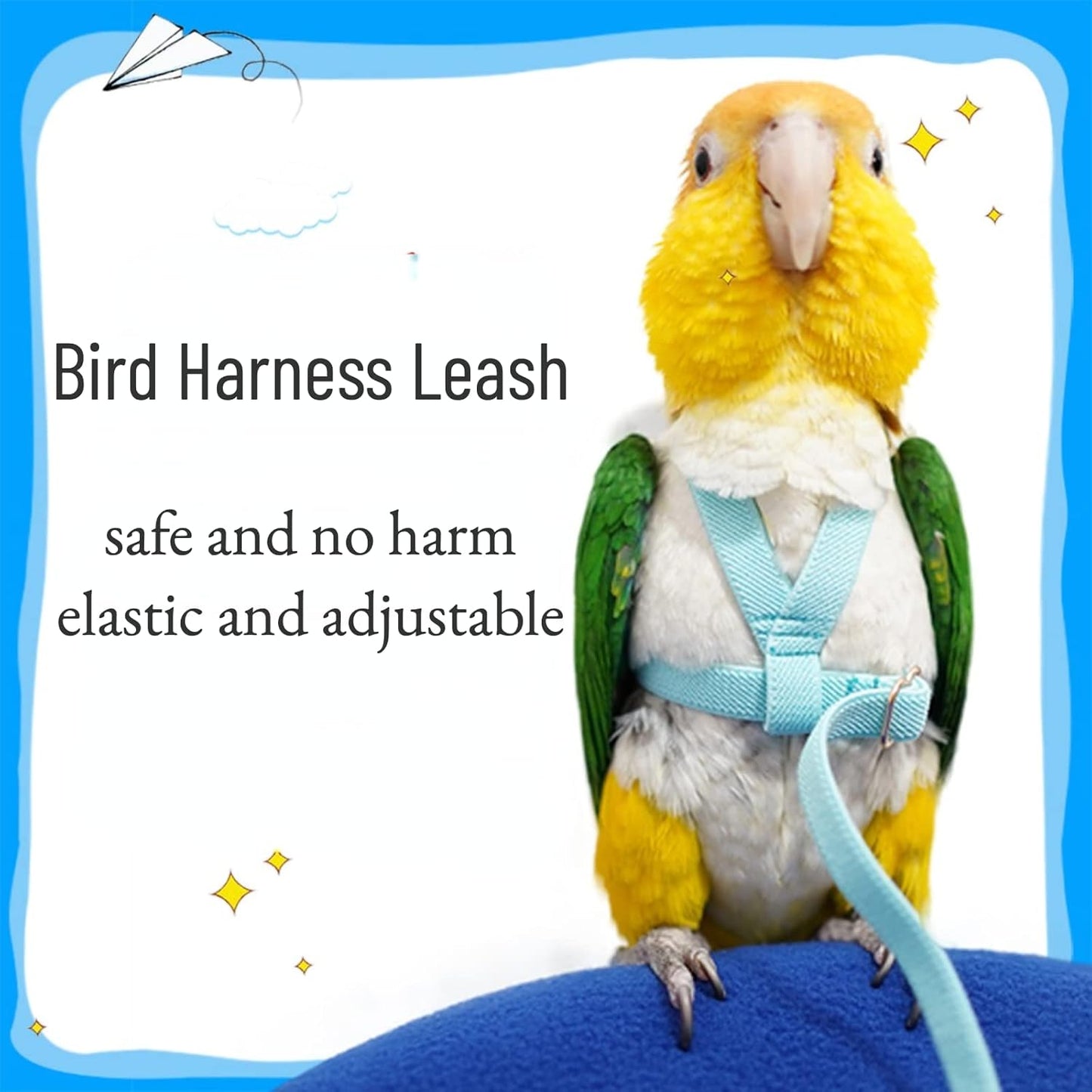 Pet Parrot Bird Harness Leash Adjustable Bird Flying Harness Traction Rope with Cute Wing for Parrots Pigeons Budgerigar Lovebird Cockatiel Mynah Outdoor Training Toy (L, Blue)