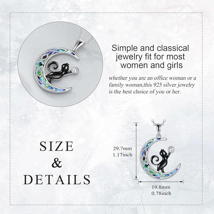 925 Sterling Silver Celtic Crescent Moon Animal Necklace for Women Fox/Black Cat/Hummingbird Crystal/Abalone Shell Pendant Jewelry Gift for Mom Daughter