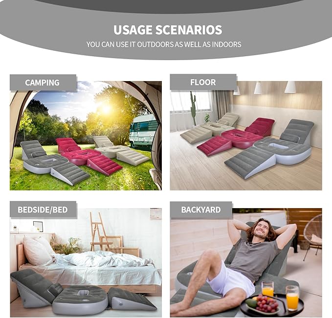 Inflatable 3pcs Bed Wedge Pillow Set Bed with Hole for Back, and Leg Pain Relief - Adjustable Pillows for Acid Reflux, GERD, Sleeping, Sitting - Restful Sleep and Travel Companion (Gray)