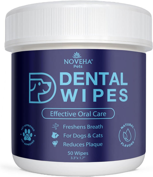 NOVEHA Pets Dental Finger Wipes for Dogs & Cats | Freshens Breath, Reduces Plaque | Healthier Gums | Clean Teeth No Toothbrush | Vet Recommended Effective Natural Oral Care (50 pcs, Flavor-Free)