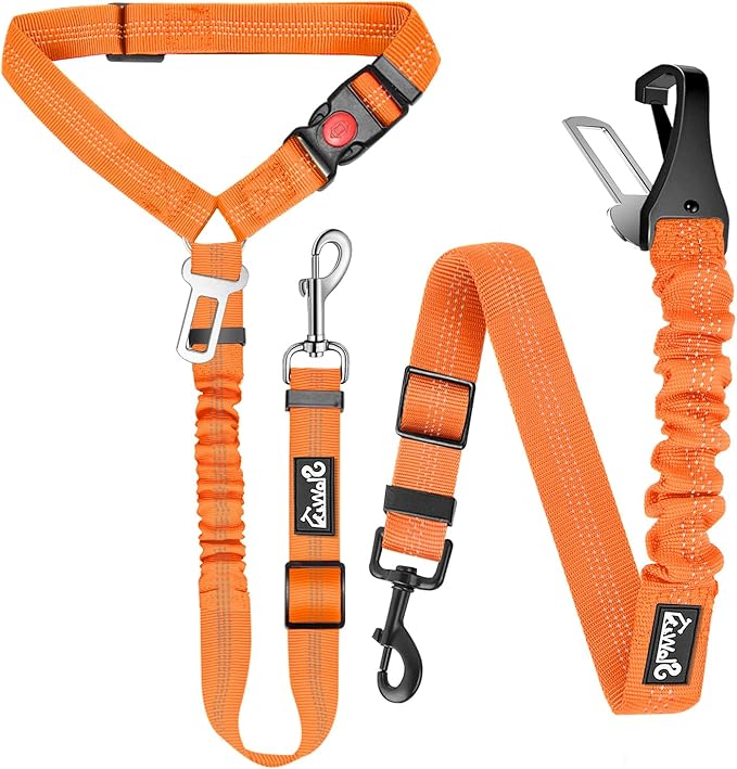 Lukovee Dog Seatbelt Leash for Cars, 2 Pack Pet Safety Car Seat Belt with Adjustable Buckle & Reflective Bungee, Connect Dog Harness in Vehicle Car Dogs Restraint Travel Daily Use (Orange)