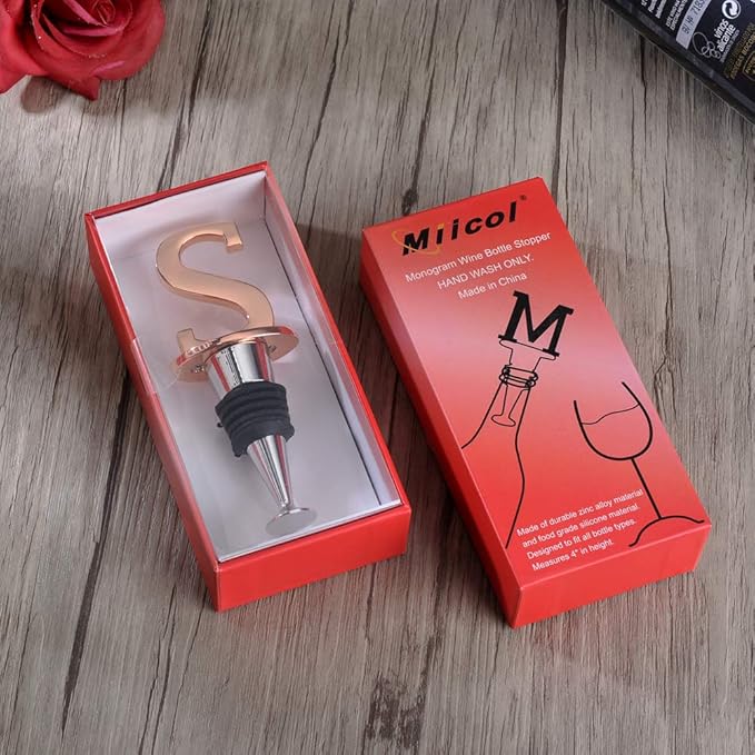 Miicol Wine Stoppers for Wine Bottles Toppers, Monogramm Cute Wine Accessories Gifts for Family Friends Women or Engagement Decorative, First Name Initial Letter S, Rose Gold