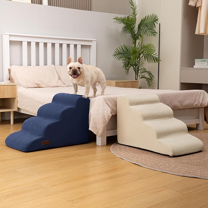 4-Step Dog Stairs and Ramp for Beds or Couches,Non-Slip Sturdy Pet Steps for Small Dogs and Cats,17.4" H,Blue
