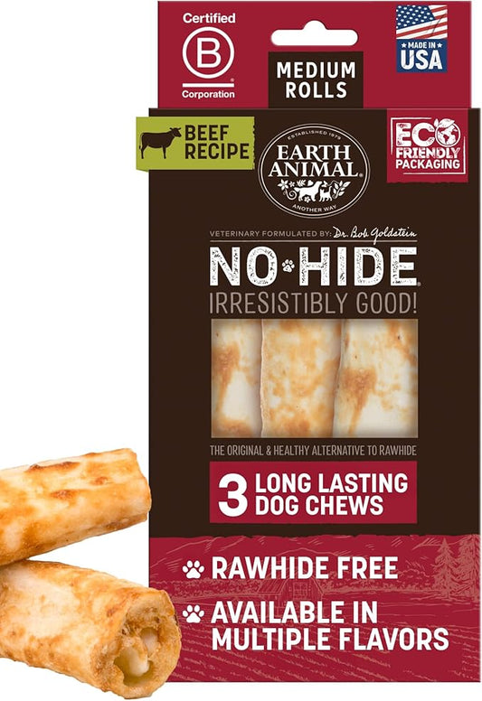Earth Animal No-Hide Rolls Beef Recipe Medium Natural Rawhide Alternative Dog Chews - 3 Count Value Pack