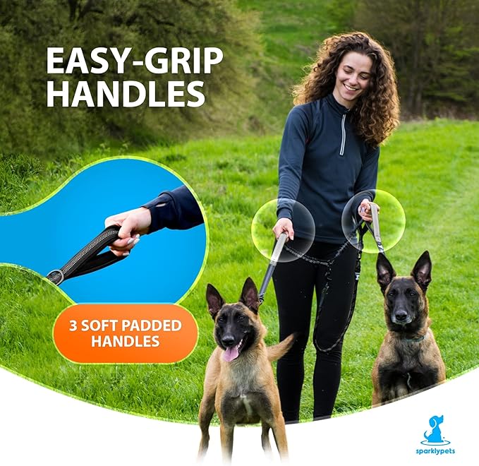 SparklyPets Double Dog Leash for 2 Dogs – Rope Bungee Dual Leash for Medium and Large Breeds with Padded Handles & Tangle Free (Black, Medium/Large)