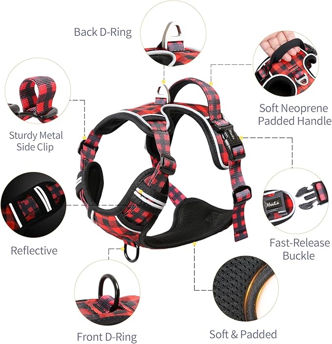 HEELE Dog Harness, No Pull Adjustable Padded Reflective Harness for Small Medium Large Dogs with Handle for Walking Training, Checkered-Red, M