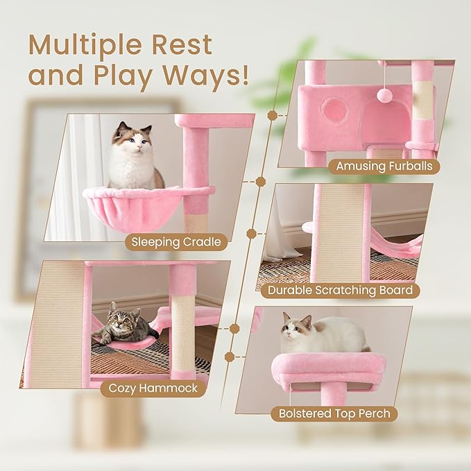 SHA CERLIN 65in Larger Cat Tree Tower Condo for Indoor Kitties/Multi-Level Furniture Activity Center with Wide Base/Cozy Plush Cat Perches/Baskets/Sisal Scratching Posts and Hammock/Pink