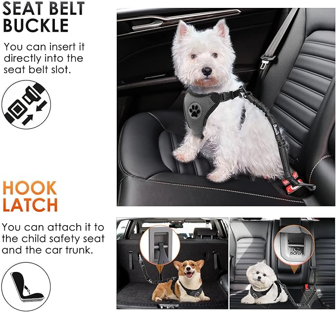 SlowTon Dog Seat Belt, Adjustable Dog Safety Belt Leash, 2 in 1 Latch Bar Attachment Dog Car Seatbelt with Elastic Nylon Bungee Buffer, Reflective Nylon Belt Tether Connect to Dog Harness (2Black)