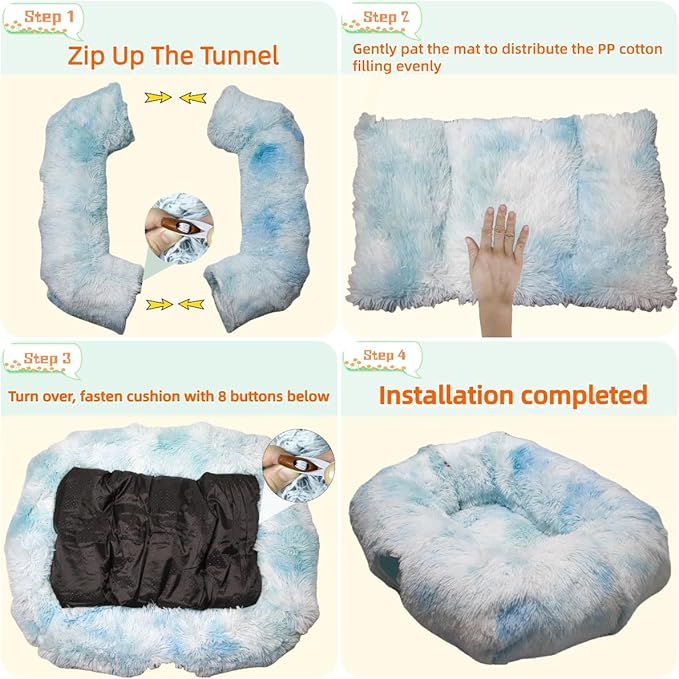 XxingSheep XL Cat Tunnel with Bed for Indoor Cats Peekaboo Cat Cave Donut Toy with Warm Mat,Azure Blue