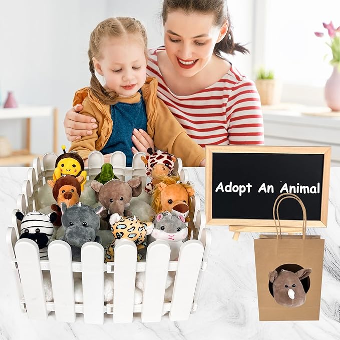 36Pcs Adopt an Animals Party Favors, Mini Safari Stuffed Animals Adopt A Pet Set Includes 12 Jungle Stuffed Animals 12 Kraft Paper Bags 10 White Plastic Fence Mini Chalkboard & Chalk Marker