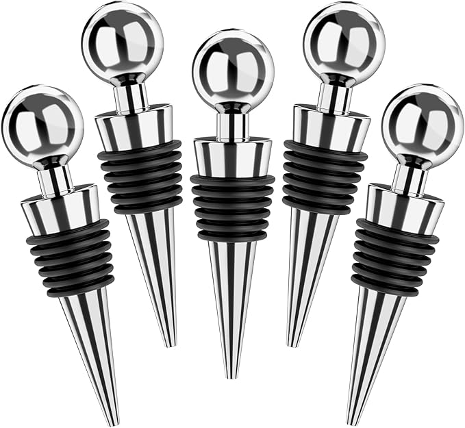 5 Pcs Wine Stopper Bottle Stopper Wine Saver, Wine Saver Zinc Alloy Silicone, Reusable Leak Proof Keep Fresh Wine Corks, for Gifts, Bar, Holiday, Party, Wedding, Camping for Standard Bottle