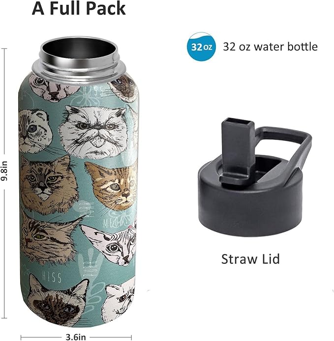 32 oz Cat Water Bottle Insulated Vacuum Stainless Steel Sports Water Bottle with 2 Lids (Straw and Spout Lid) for Gym Camping Hiking
