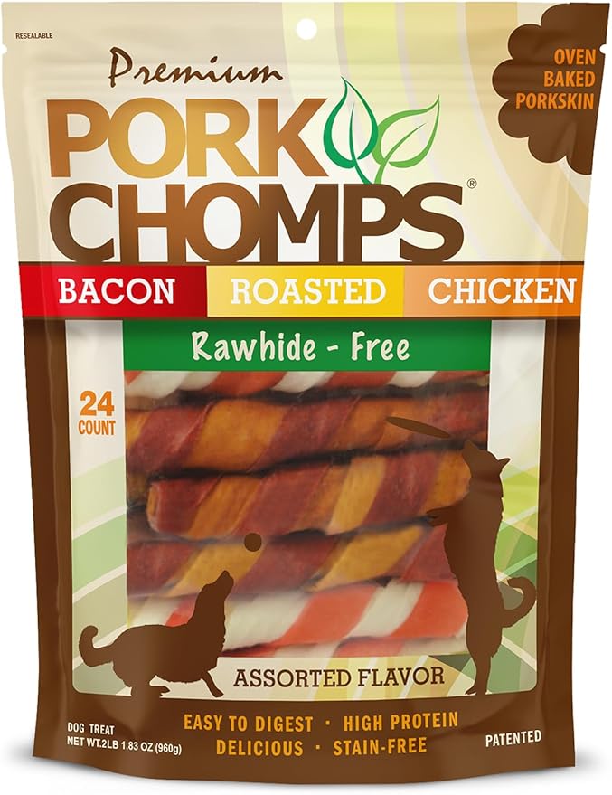 Pork Chomps Baked Pork Skin Dog Chews, 6-inch Twists, Assorted Flavors, 24 Count