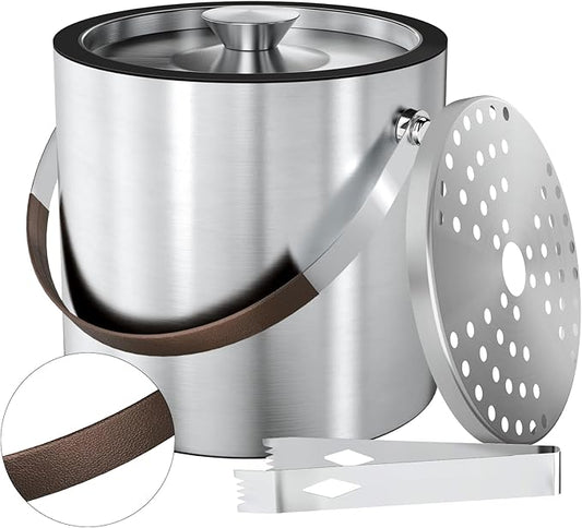 3L Double Wall Ice Bucket for Parties with Silicone Lid, Tongs & Strainer, Bar Insulated Ice Buckets [Silicone Lid for Longer Ice] Cocktail Wine Bucket Champagne Chiller Brown Accent Handle