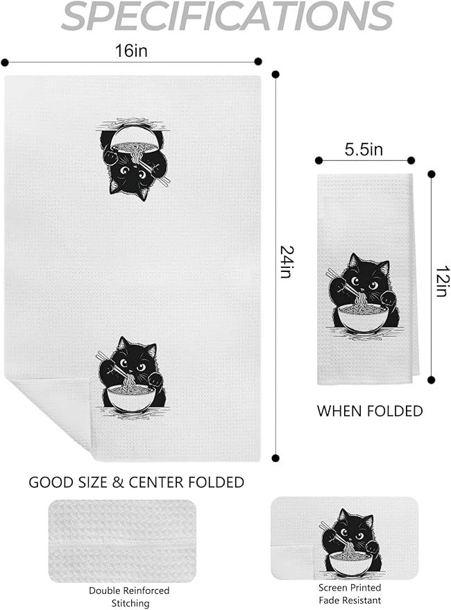 Black Cat Kitchen Towels, Funny Noodle Cat Dish Towels for Kitchen, Cat Hand Towels, Cat Towels for Cat Lovers, Black Cat Gifts, Cat Lover Gifts, Cat Mom Gifts, Cat Lady Gifts, 16x24 Inch