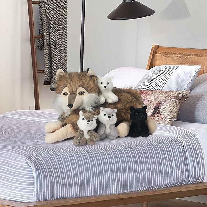 5 Pcs Wolf Stuffed Animal Plush Toy, 16 Inch Mommy Stuffed Wolf with 4 Baby Wolves in Her Zippered Pouch,Cute Nurturing Wolves Plushies for Kids Boys Girls Easter Birthday Gifts Party Decoration