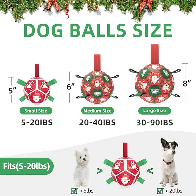 QDAN Small Christmas Dog Toys, Soccer Ball with Straps, Outdoor Interactive Toys for Tug of War, Puppy Birthday Gifts, Water Toy, Durable Dog Balls for Puppy (5 Inch)