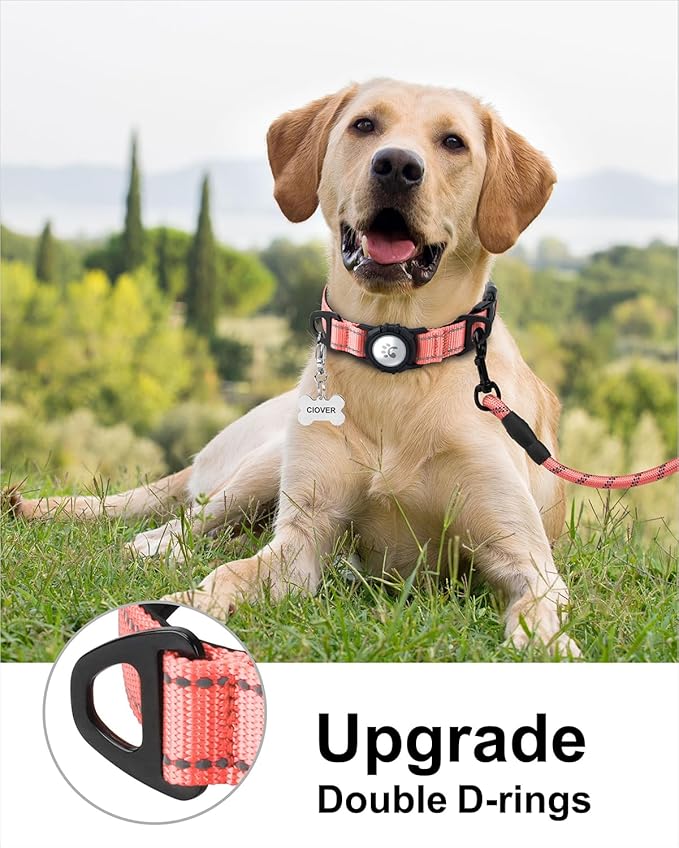 TagME Airtag Dog Collar,Waterproof Reflective Pet Collar with Airtag Holder,Soft Padded and Double D-Rings for Extra Large Dogs,Baby Pink