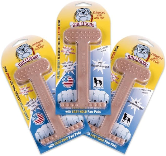 Bullibone Nylon Dog Chew Toy Nylon Bone - Improves Dental Hygiene, Easy to Grip Bottom, and Permeated with Flavor (Peanut Butter, XL - 3 Pack)