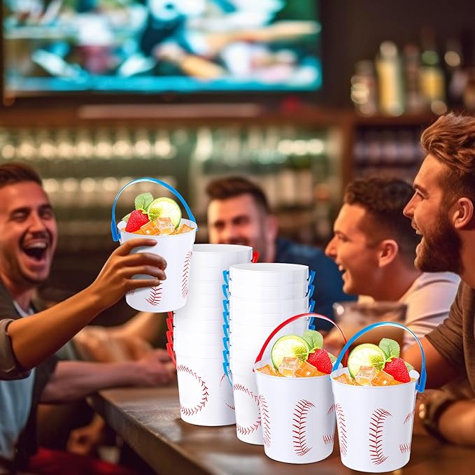 Mifoci Baseball Small Plastic Bucket with Handles 34 oz Versatile Baseball Treat Bucket Baseball Ice Bucket Bulk for Wine Beverage Baseball Party Bar Alcohol Beer Snack Drink Pail Gifts(30 Pcs)