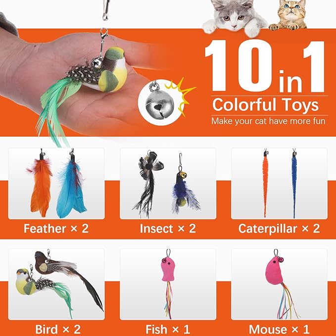 PAWCHIE Cat Toy,Interactive Cat Feather Toy,Suction Cup Cat Bird Simulation Toy Set,Self Play Cat Kitten Toys for Indoor，Cat Wand Toy 10 PCS Cat Feather Replacement Toys,Hanging String and Mouse Toy