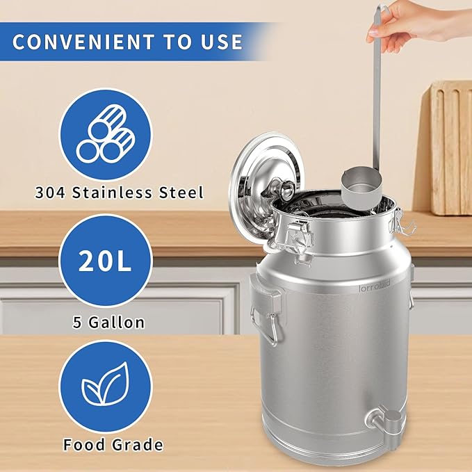 Milk Can, 304 Stainless Steel 28 Liter Milk Can, Milk Bucket Wine Pail Bucket with Spigot, 6.6 Gallon Milk Can with Sealed Lid and Stainless Steel Ladle Sealed Lid Heavy Duty for Milk Can.