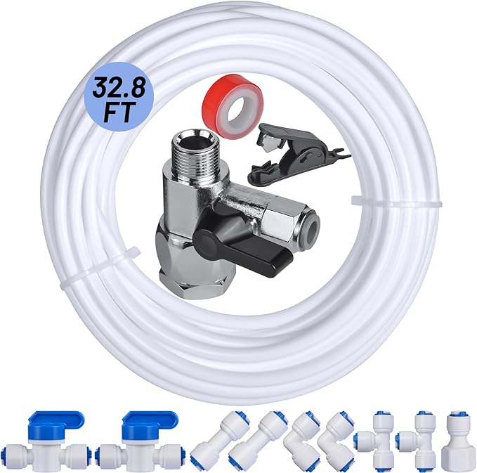 32.8ft Refrigerator Water Line Kit, 1/4 Compression Ice Maker Installation Kit, 1/4" OD Water Line Kit with Quick Connect and Feed Water Adapter Fittings for RO System Water Filter Fridge Ice Maker
