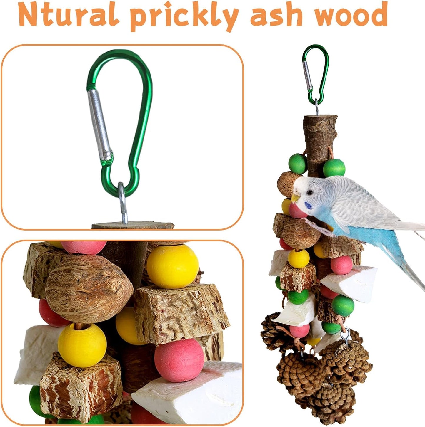 kathson Parrot Chew Toys, Medium Size Natural Wooden Bird Toys with Colorful Blocks, Hanging Bird Cage Accessories for Cockatiels, Conure, Cockatoos, 2 Pack (Style B)