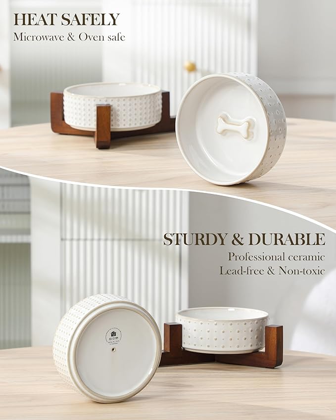 MALACASA Dog Bowl Set with Walnut Wood Stand, 1.5 Cups Ceramic Pet Bowls for Puppy Dogs, Dual Food and Water Bowls with Weighted Non-Slip Base, Basic Bowls for Your Dog or Cat, Rhombic & Polka Dots