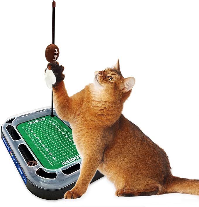 Pets First CAT Scratcher & Plush Football Toy with Catnip, Feather & Jingle Bell Interactive Ball Cat Chasing 5-in-1 Kitty Toy