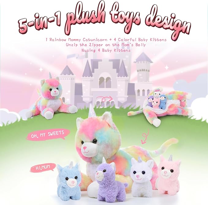 MorisMos Cat Unicorn Stuffed Animal with Baby Kittens, 24'' Mommy Cat and 4 Baby Kitty Stuffed Animals, Large Rainbow Caticorn Plush Pillow, 5Pcs Kitty Unicorn Plush Toys for Girls Boys Birthday Gift