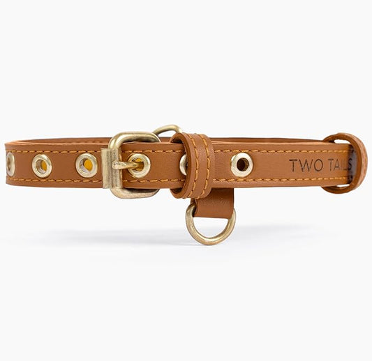Cactus Leather Dog Collar - Eco-Friendly, Stylish, Easy-to-Clean Pet Collar with Gold Hardware, D-Rings for Leash & ID Tag (Small, Caramel)